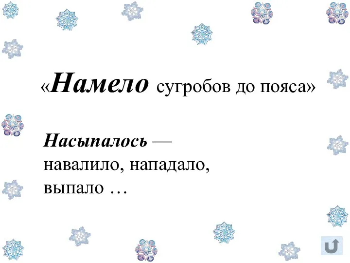 «Намело сугробов до пояса» Насыпалось — навалило, нападало, выпало …