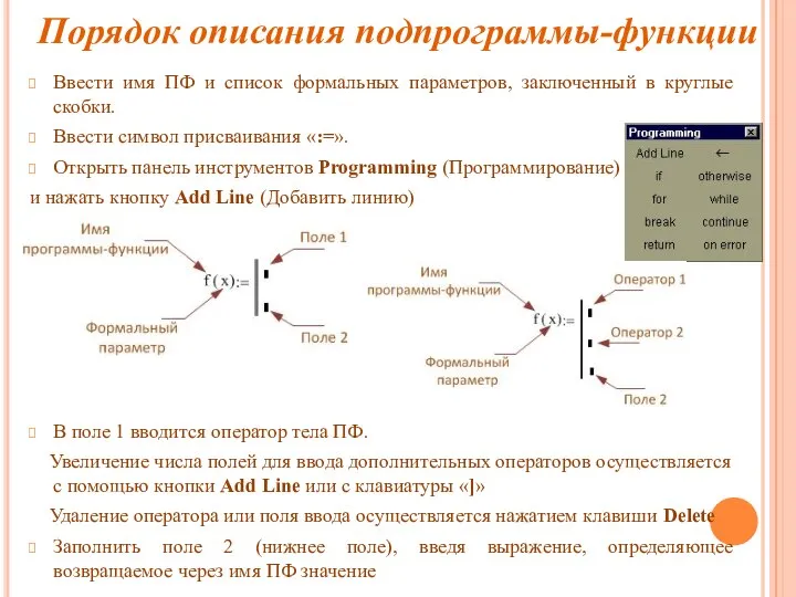 Порядок описания подпрограммы-функции Ввести имя ПФ и список формальных параметров, заключенный в