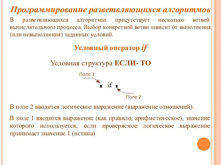 Программирование разветвляющихся алгоритмов В разветвляющихся алгоритмах присутствует несколько ветвей вычислительного процесса. Выбор