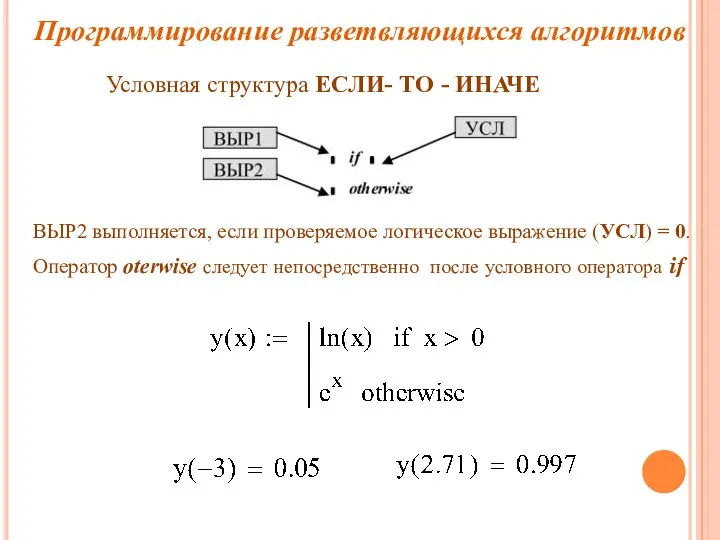 Программирование разветвляющихся алгоритмов ВЫР2 выполняется, если проверяемое логическое выражение (УСЛ) = 0.