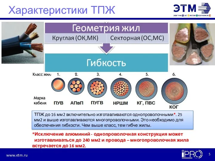 Характеристики ТПЖ ТПЖ до 16 мм2 включительно изготавливаются однопроволочными*. 25 мм2 и