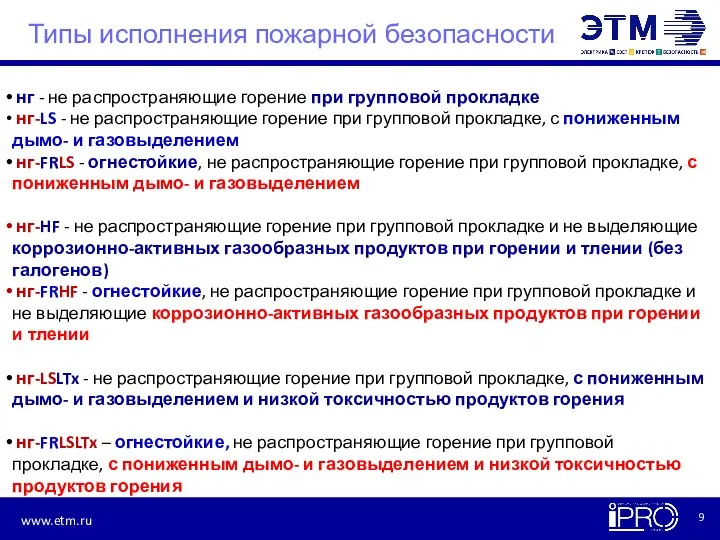 Типы исполнения пожарной безопасности нг - не распространяющие горение при групповой прокладке