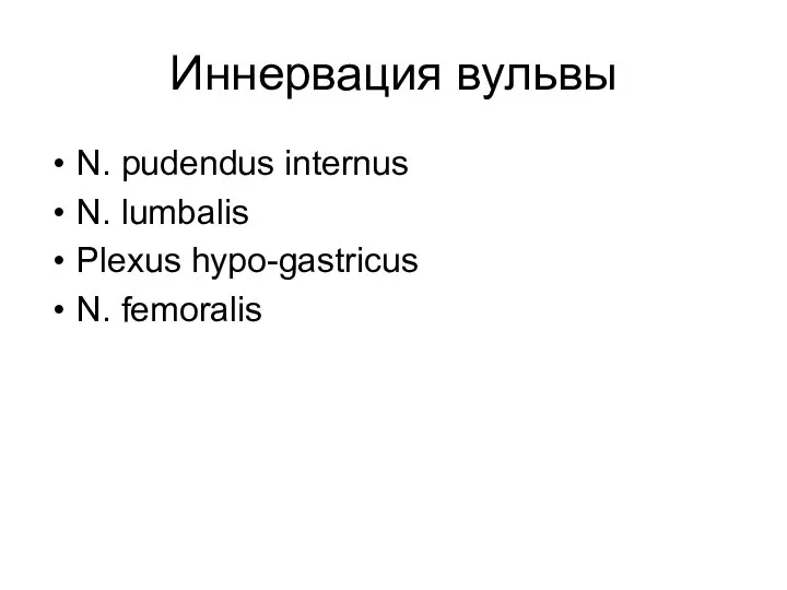 Иннервация вульвы N. pudendus internus N. lumbalis Plexus hypo-gastricus N. femoralis