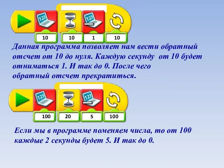 1 Данная программа позволяет нам вести обратный отсчет от 10 до нуля.