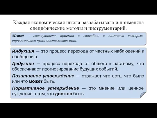 Каждая экономическая школа разрабатывала и применяла специфические методы и инструментарий. Метод –