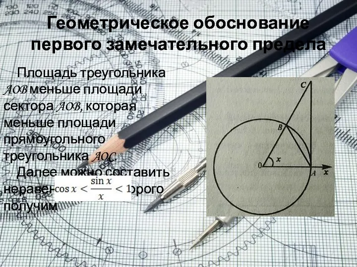 Геометрическое обоснование первого замечательного предела Площадь треугольника AOB меньше площади сектора AOB,