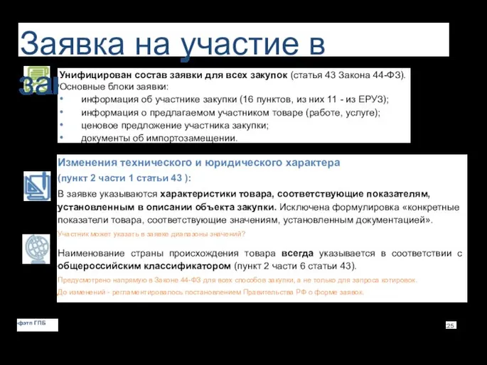 Заявка на участие в закупке Унифицирован состав заявки для всех закупок (статья