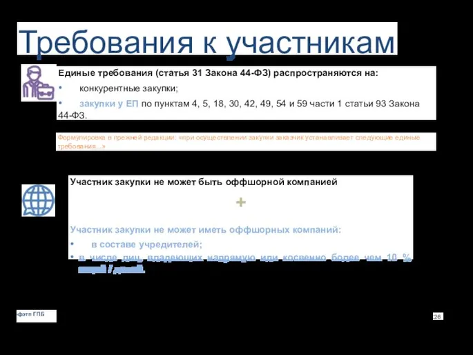 Требования к участникам Единые требования (статья 31 Закона 44-ФЗ) распространяются на: •