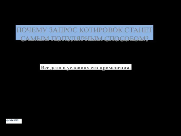 ПОЧЕМУ ЗАПРОС КОТИРОВОК СТАНЕТ САМЫМ ПОПУЛЯРНЫМ СПОСОБОМ? Все дело в условиях его применения. ф ЭТИ ГПБ