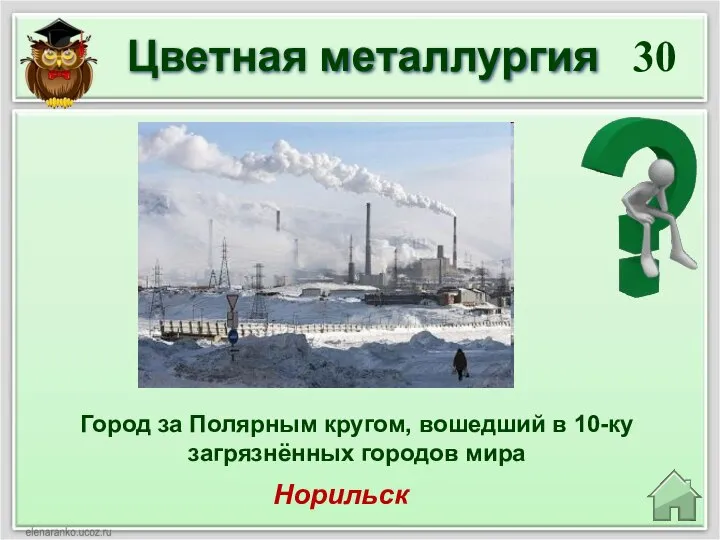 30 Норильск Город за Полярным кругом, вошедший в 10-ку загрязнённых городов мира Цветная металлургия