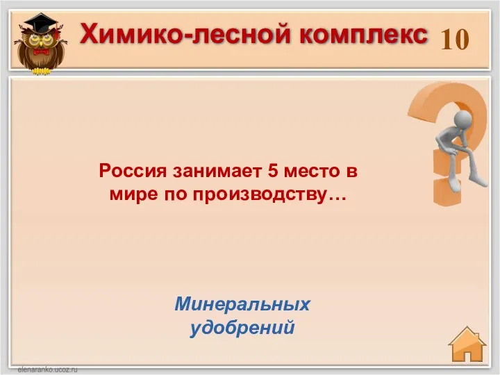 10 Минеральных удобрений Россия занимает 5 место в мире по производству… Химико-лесной комплекс