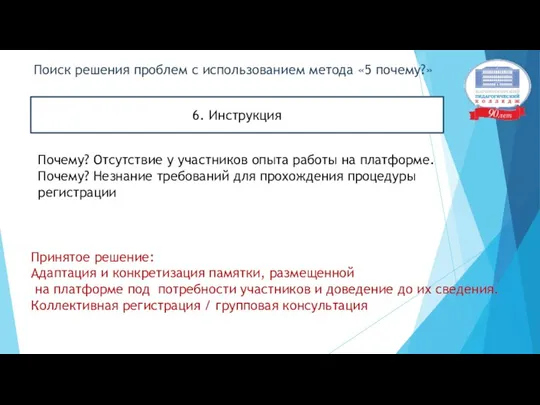 Поиск решения проблем с использованием метода «5 почему?» 6. Инструкция Принятое решение: