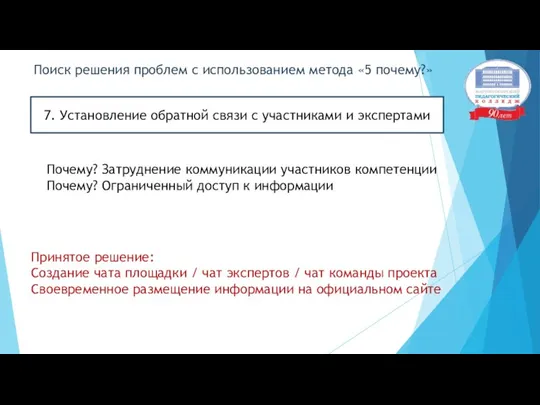 Поиск решения проблем с использованием метода «5 почему?» 7. Установление обратной связи