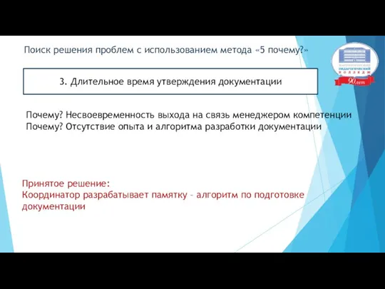 Поиск решения проблем с использованием метода «5 почему?» 3. Длительное время утверждения