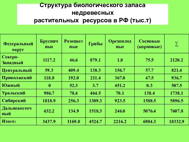 Структура биологического запаса недревесных растительных ресурсов в РФ (тыс.т)