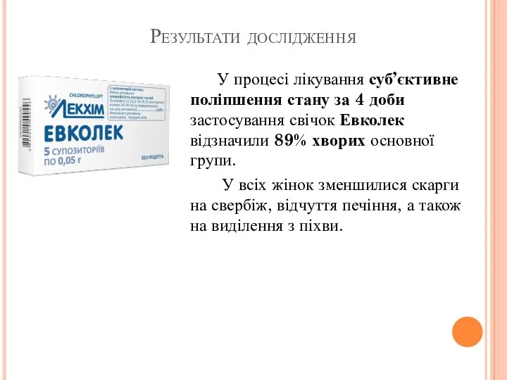 Результати дослідження У процесі лікування суб’єктивне поліпшення стану за 4 доби застосування