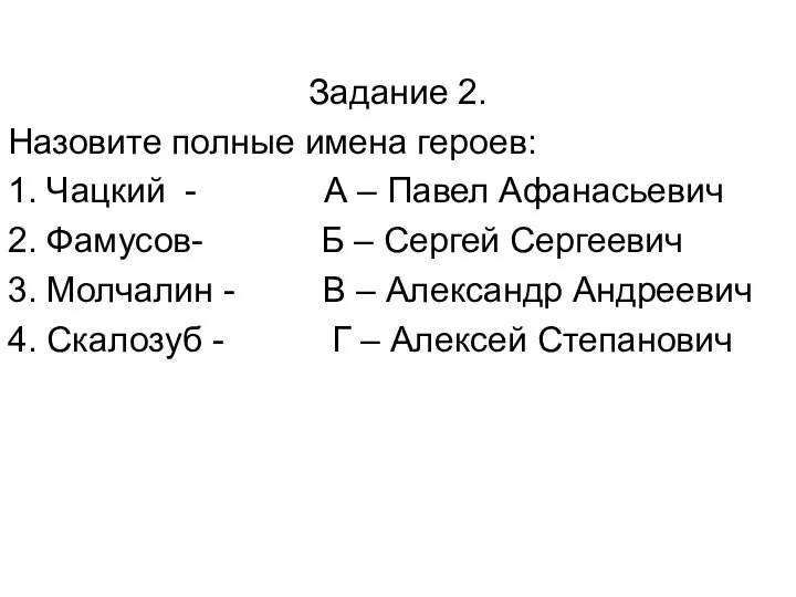 Задание 2. Назовите полные имена героев: 1. Чацкий - А – Павел