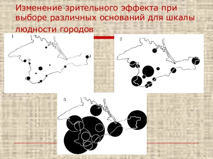 Изменение зрительного эффекта при выборе различных оснований для шкалы людности городов