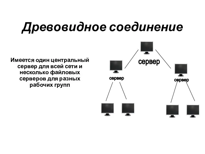 Древовидное соединение Имеется один центральный сервер для всей сети и несколько файловых