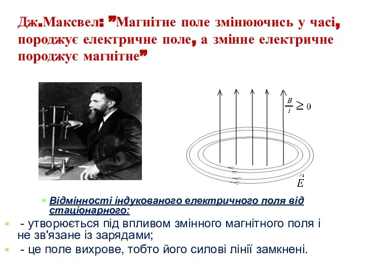 Дж.Максвел: ”Магнітне поле змінюючись у часі, породжує електричне поле, а змінне електричне