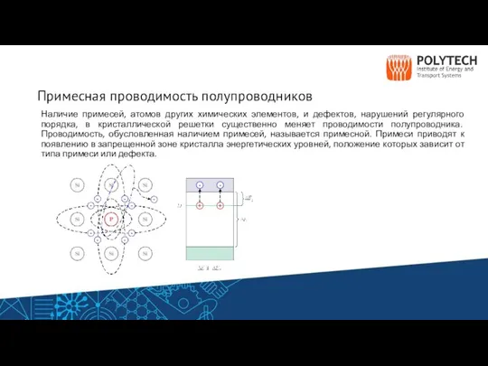 Примесная проводимость полупроводников Наличие примесей, атомов других химических элементов, и дефектов, нарушений