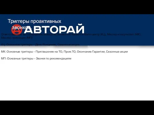 Триггеры проактивных звонков. Ответственным за совершение исходя из сегментов является Колл-центр (КЦ),