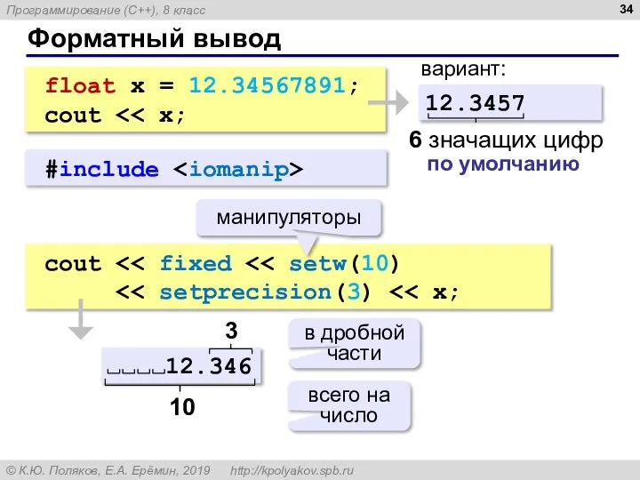 Форматный вывод float x = 12.34567891; cout 12.3457 6 значащих цифр по