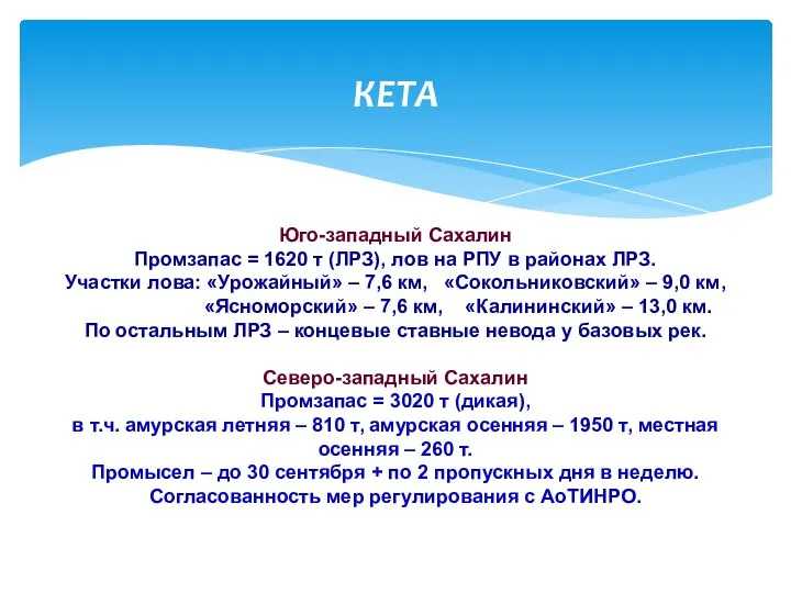 КЕТА Юго-западный Сахалин Промзапас = 1620 т (ЛРЗ), лов на РПУ в