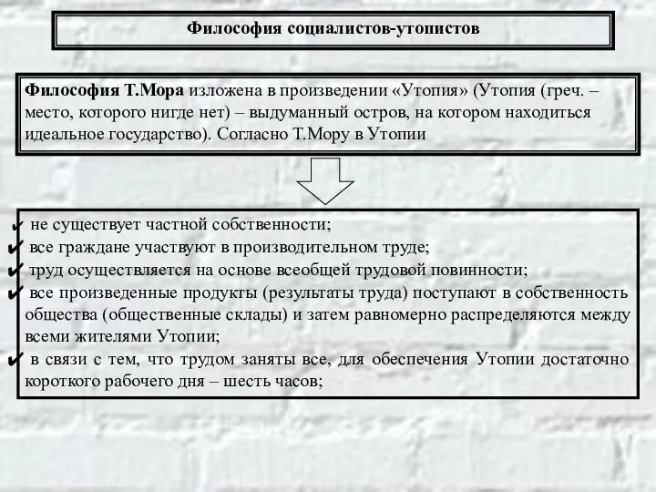 Философия социалистов-утопистов Философия Т.Мора изложена в произведении «Утопия» (Утопия (греч. – место,