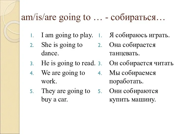 am/is/are going to … - собираться… I am going to play. She