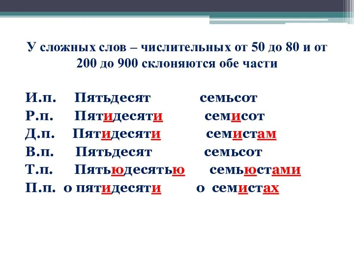 У сложных слов – числительных от 50 до 80 и от 200