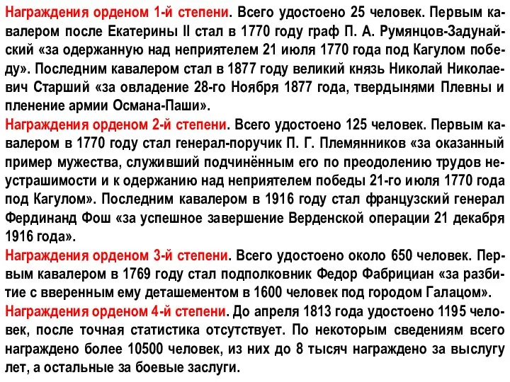 Награждения орденом 1-й степени. Всего удостоено 25 человек. Первым ка-валером после Екатерины