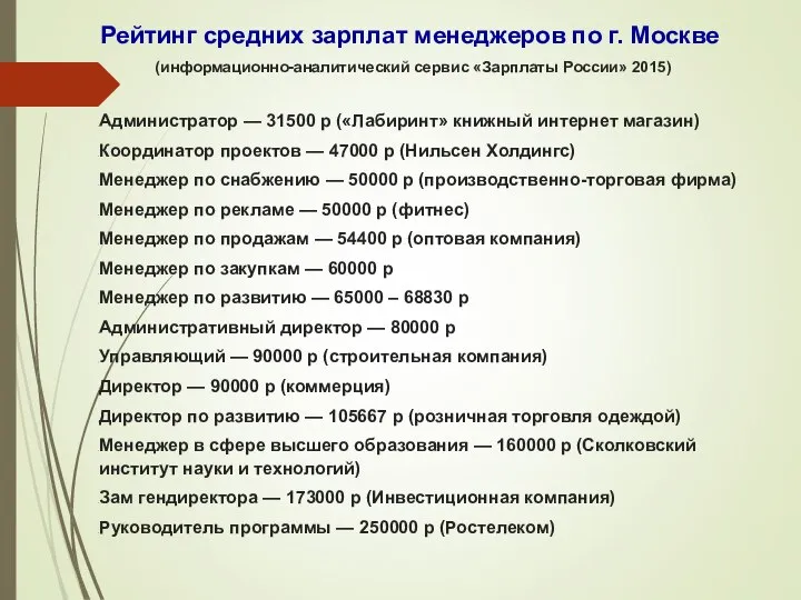 Рейтинг средних зарплат менеджеров по г. Москве (информационно-аналитический сервис «Зарплаты России» 2015)
