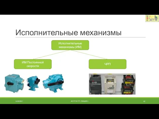 Исполнительные механизмы Исполнительные механизмы (ИМ) ИМ Постоянной скорости ЧРП 11/18/2017 АСУТП В ТТТ. ЛЕКЦИЯ 5