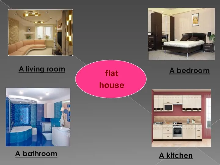 flat house A living room A bedroom A bathroom A kitchen