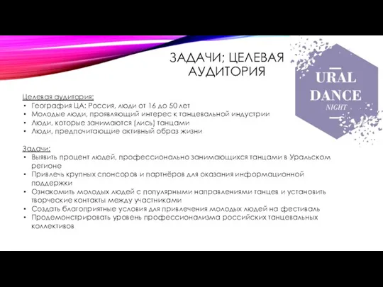 ЗАДАЧИ; ЦЕЛЕВАЯ АУДИТОРИЯ Целевая аудитория: География ЦА: Россия, люди от 16 до