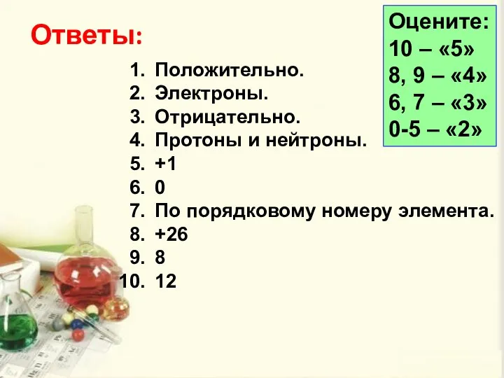 Ответы: Положительно. Электроны. Отрицательно. Протоны и нейтроны. +1 0 По порядковому номеру