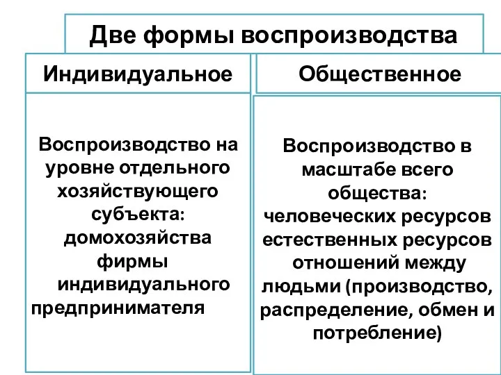 Две формы воспроизводства Индивидуальное Общественное Воспроизводство на уровне отдельного хозяйствующего субъекта: домохозяйства