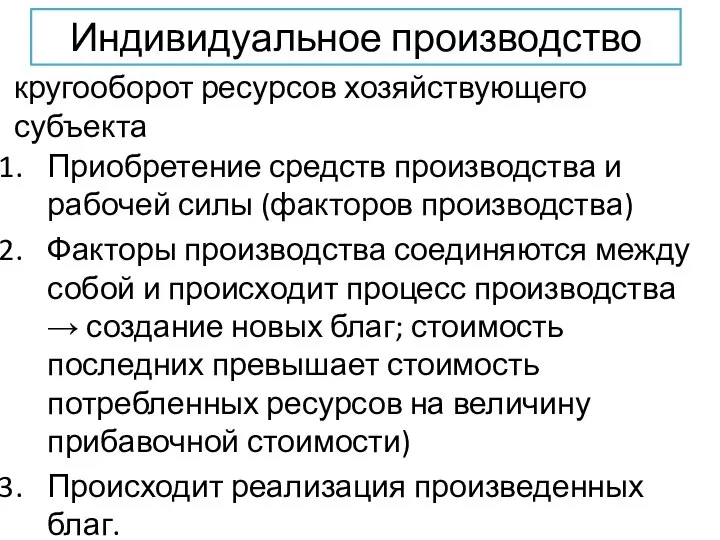 Индивидуальное производство Приобретение средств производства и рабочей силы (факторов производства) Факторы производства