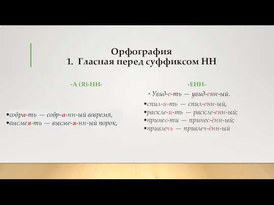 Орфография 1. Гласная перед суффиксом НН -А (Я)-НН- -ЕНН- Увид-е-ть — увид-енн-ый.