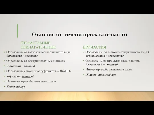 Отличия от имени прилагательного ОТГЛАГОЛЬНЫЕ ПРИЛАГАТЕЛЬНЫЕ Образованы от глаголов несовершенного вида (крашеный