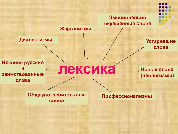 лексика Общеупотребительные слова Профессионализмы Диалектизмы Жаргонизмы Эмоционально окрашенные слова Устаревшие слова Новые