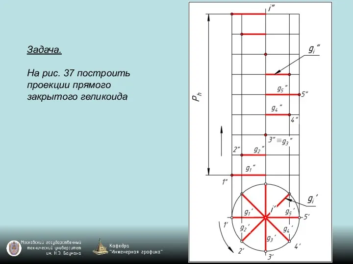 Задача. На рис. 37 построить проекции прямого закрытого геликоида