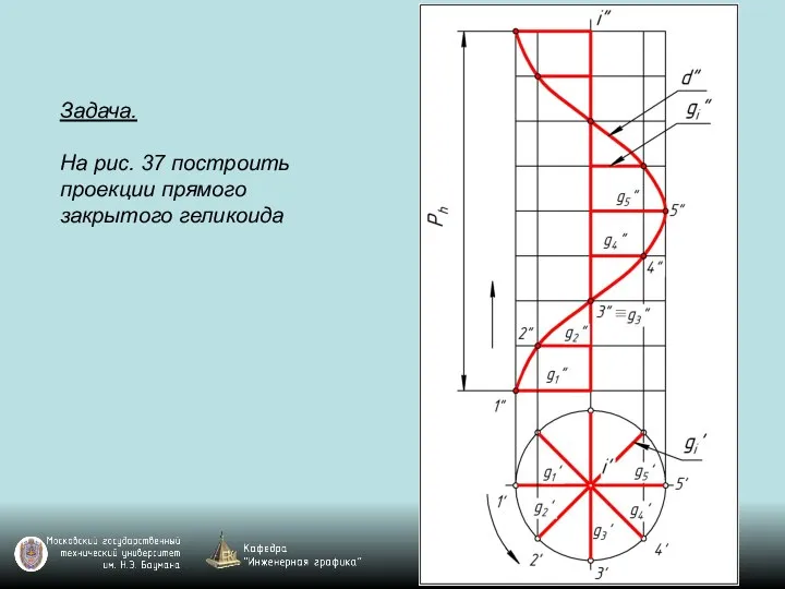 Задача. На рис. 37 построить проекции прямого закрытого геликоида