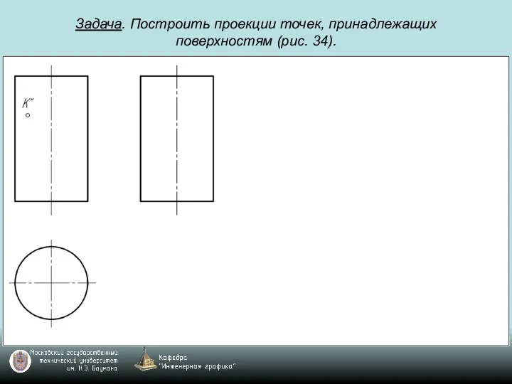 Задача. Построить проекции точек, принадлежащих поверхностям (рис. 34).