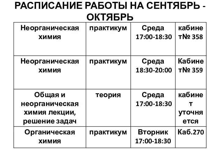 РАСПИСАНИЕ РАБОТЫ НА СЕНТЯБРЬ - ОКТЯБРЬ