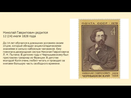 Николай Гаврилович родился 12 (24) июля 1828 года До 14 лет обучался