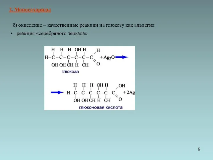 б) окисление – качественные реакции на глюкозу как альдегид реакция «серебряного зеркала» 2. Моносахариды