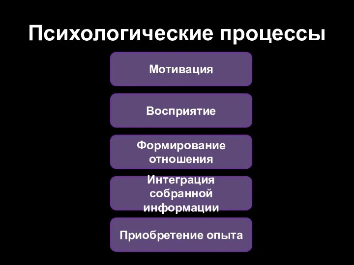 Психологические процессы Приобретение опыта Интеграция собранной информации Формирование отношения Восприятие Мотивация