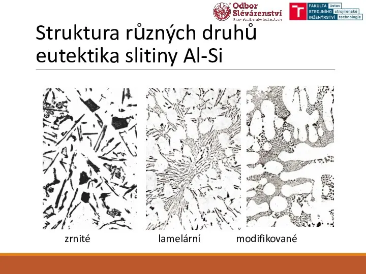 Struktura různých druhů eutektika slitiny Al-Si zrnité lamelární modifikované